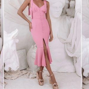 Lavish Alice Kamila Tie Strap Micro Button Midi Dress in Pink